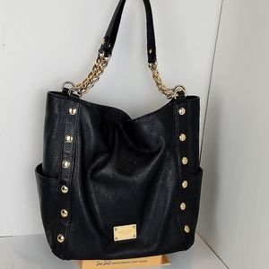 MICHAEL KORS Black Leather Bag with Gold Studs and Chains * Side Pockets